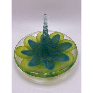 Drew Montesano Signed Handblown Brilliant Green Blue Floral Ring Holder Dish